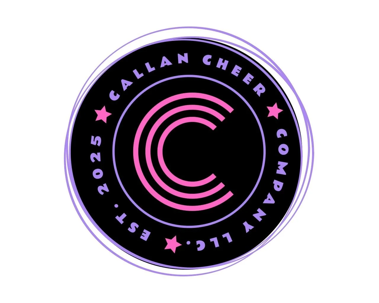 Callan Cheer's 2025 logo featuring a circular black background with pink and purple outlines, a large pink 'C' in the center, and purple text around the circle with stars, indicating the association and the year 2025.