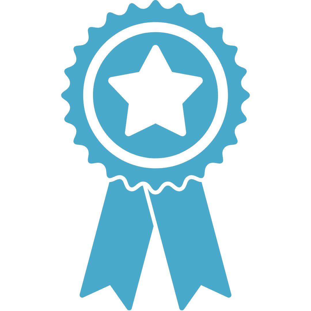 Blue award ribbon with a black star in the center.