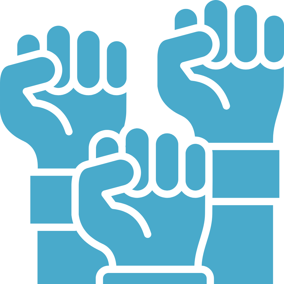 Four blue raised fists with black outlines symbolizing unity and solidarity.