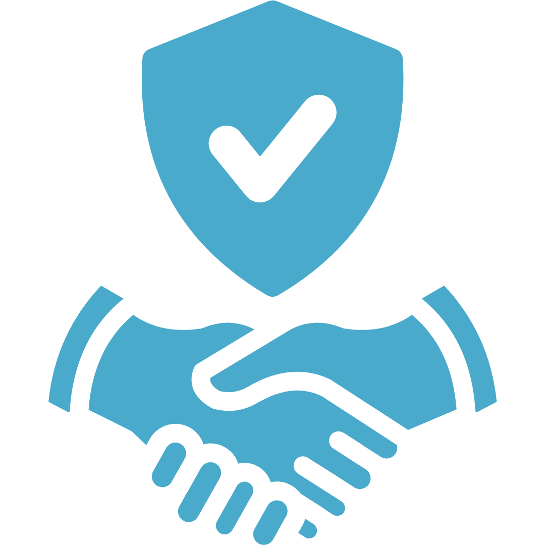 Icon of two hands shaking with a shield and a checkmark above, symbolizing trust and security.