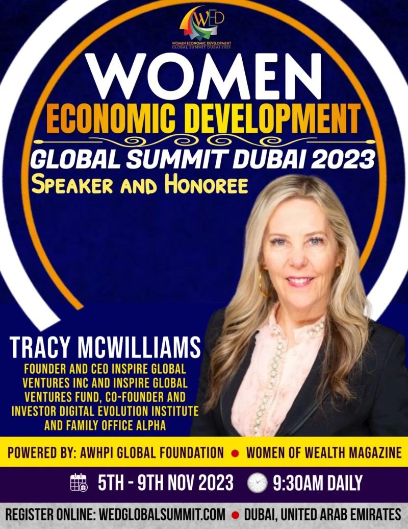 Poster for the Women Economic Development Global Summit Dubai 2023 featuring Tracy McWilliams, a speaker and honoree, with event details including date, time, and registration information.