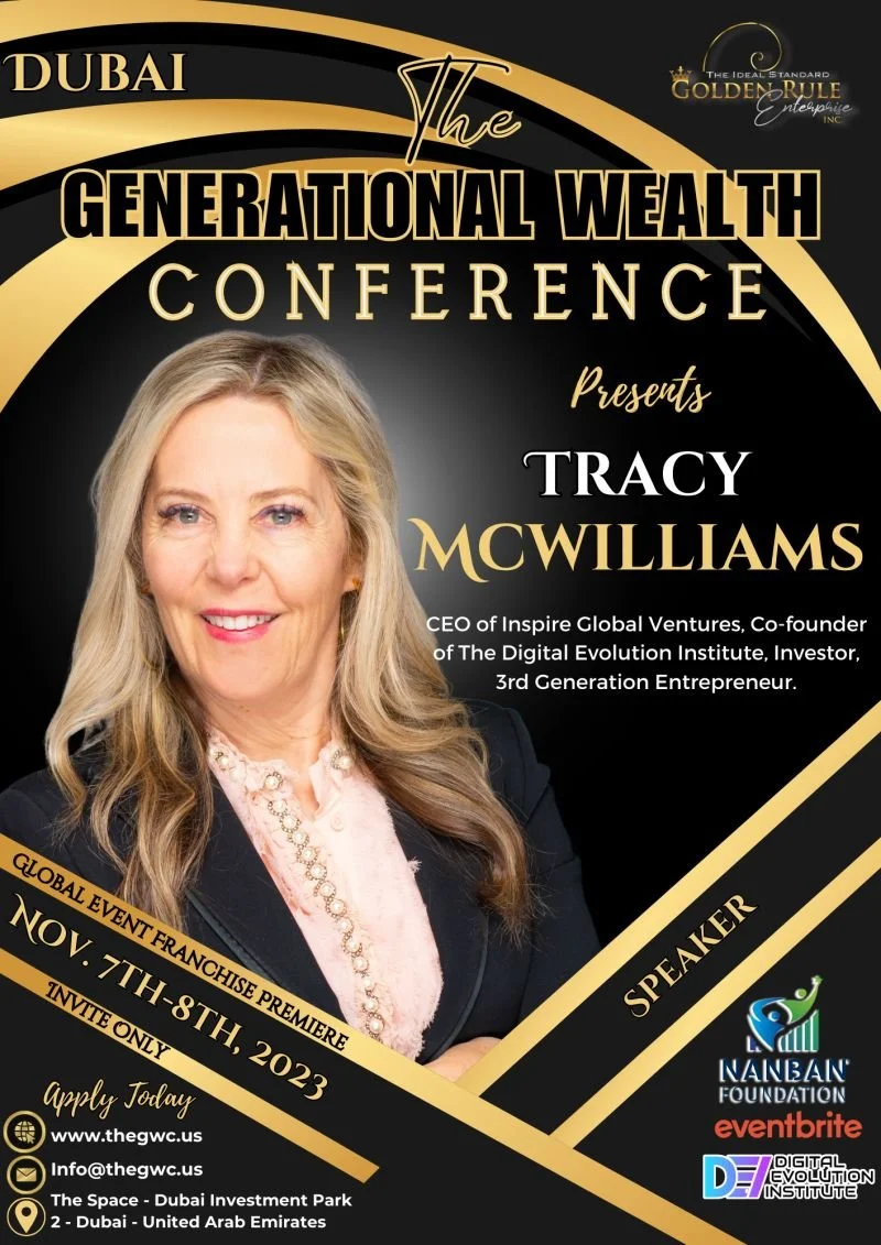 Promotional poster for The Generational Wealth Conference in Dubai featuring speaker Tracy McWilliams, an entrepreneur and investor, scheduled for November 7th-8th, 2023, at Dubai Investment Park.