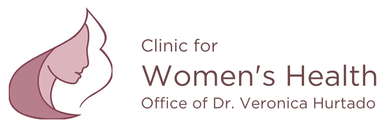 Logo for Women's Health Clinic with a stylized outline of a woman's face in pink and brown, and text indicating it is a clinic for women's health under the office of Dr. Veronica Hurtado.