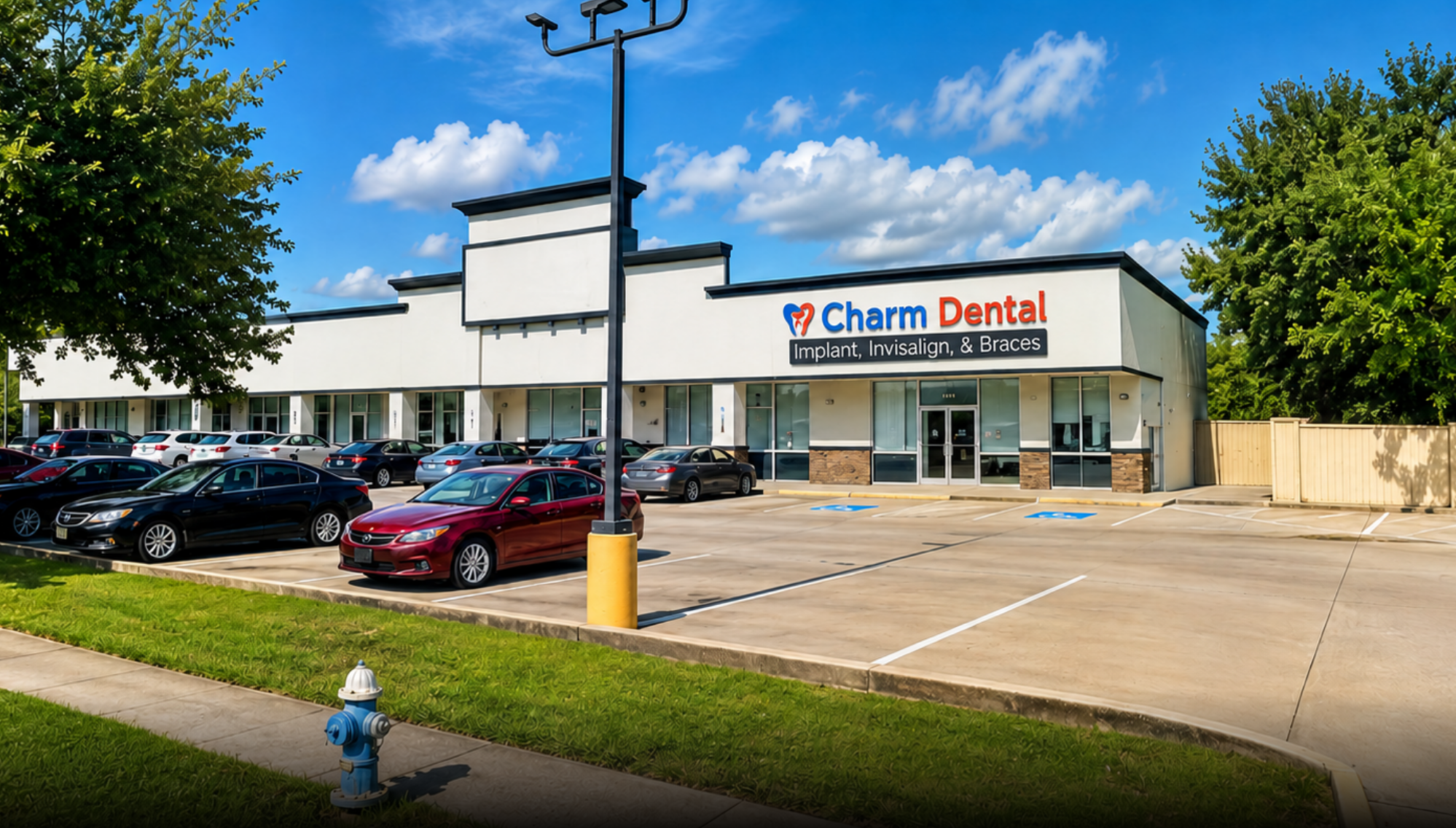 A dental office named Charm Dental with a parking lot filled with cars, some handicap parking spaces, and surrounded by green trees under a bright blue sky with some clouds.