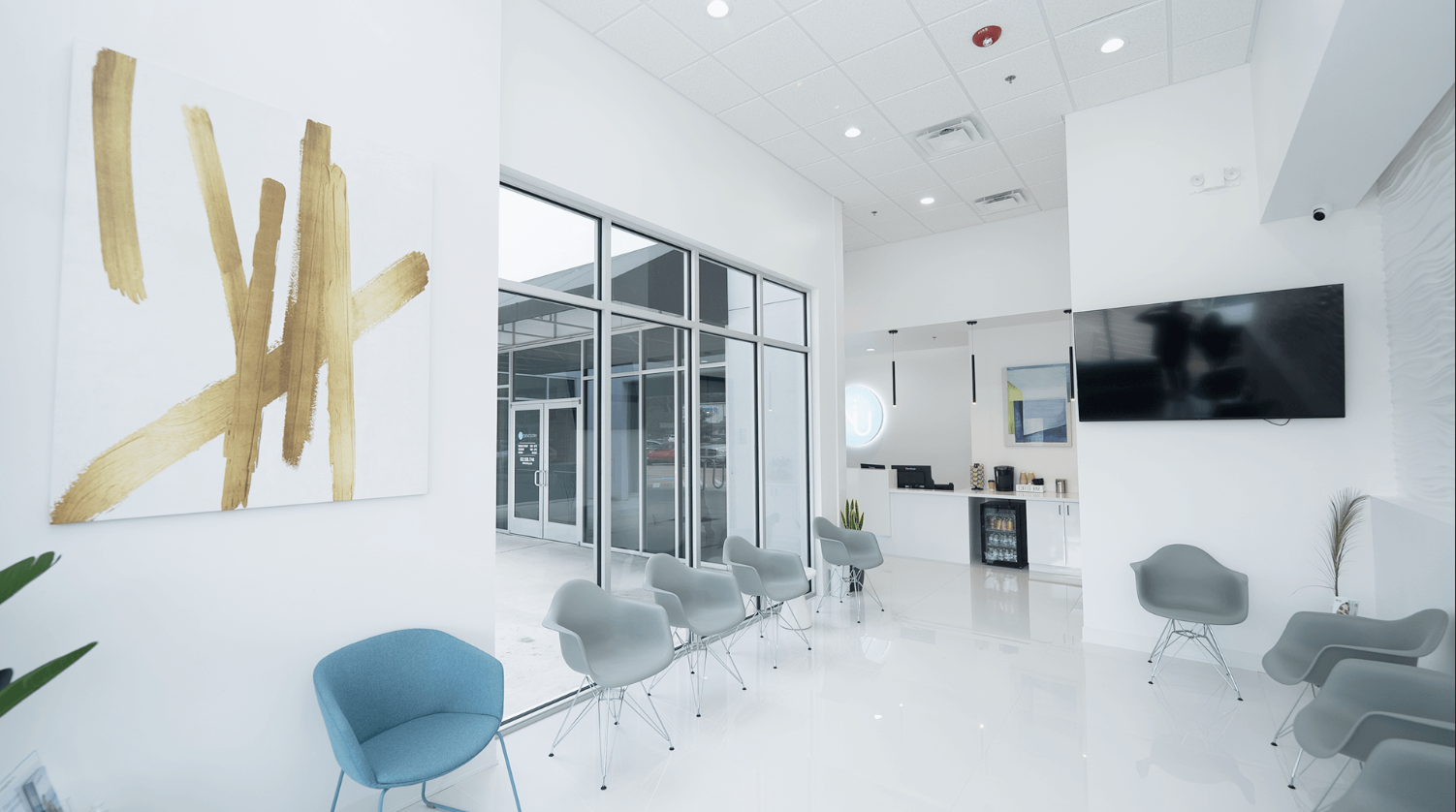 Modern office space with glass partitions, gray carpeting, and ceiling exposed ducts. Visible desks and chairs with plants and decorative items on the right side.