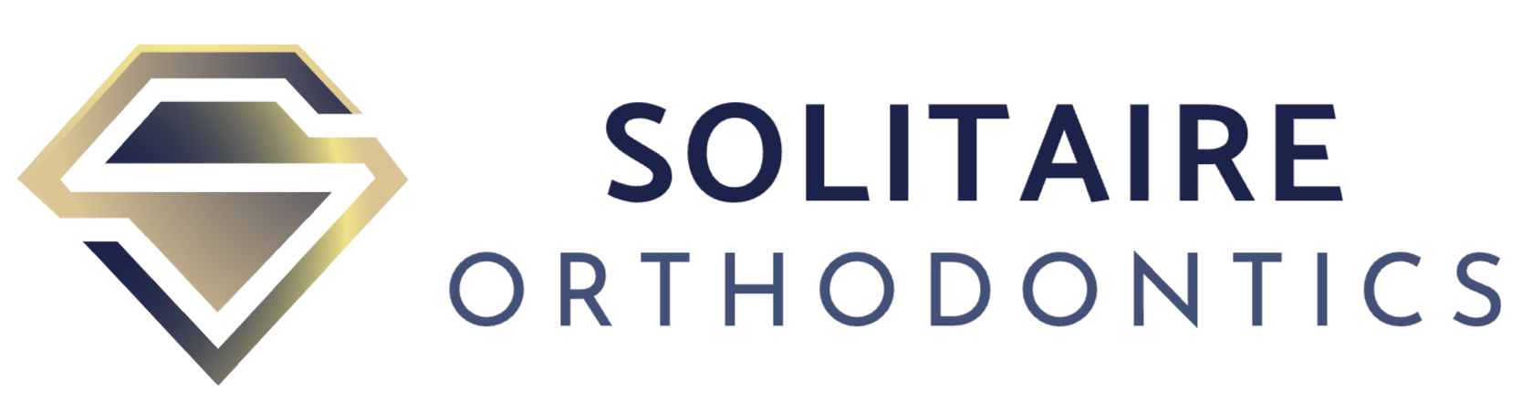 Logo of Solitaire Orthodontics with a stylized diamond shape in gold and navy blue next to the words 'SOLITAIRE ORTHODONTICS' in navy blue.