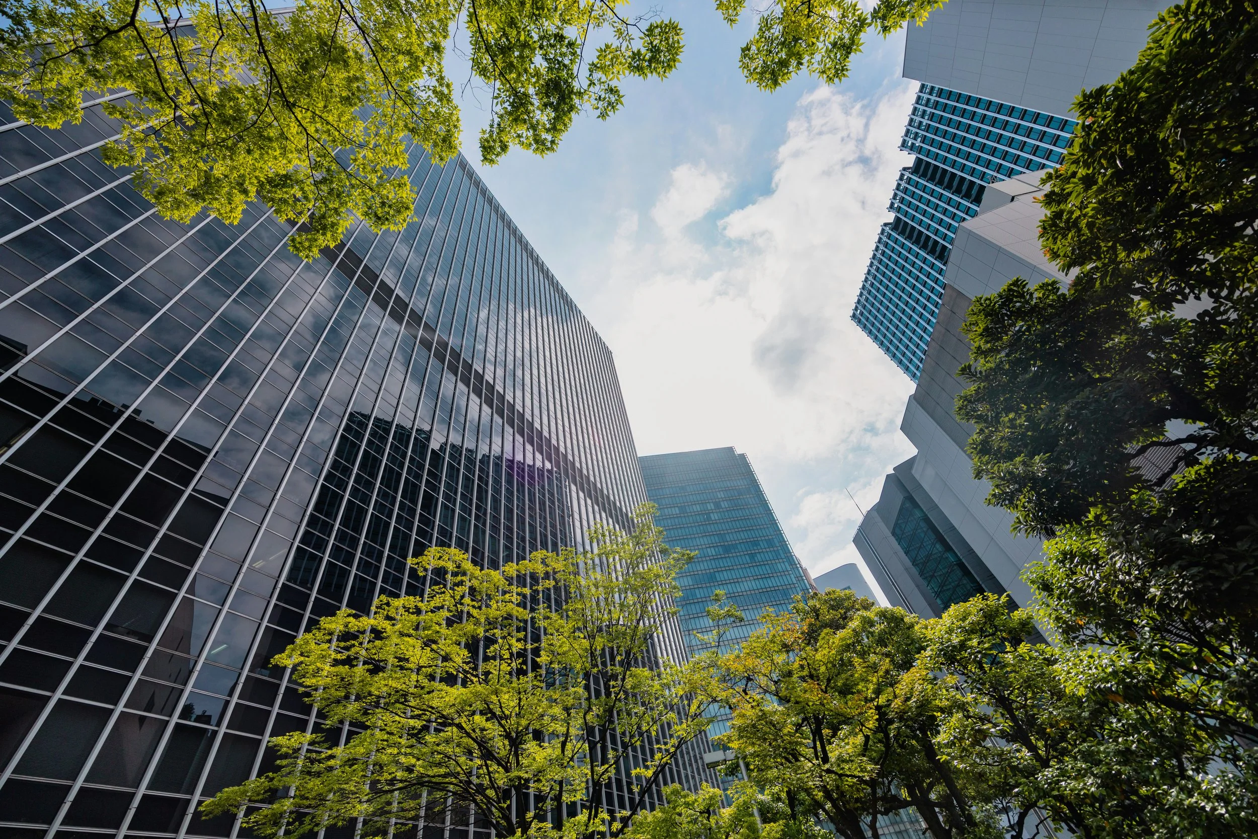 Low-angle view of modern skyscrapers in a city with green trees in the foreground and a partly cloudy sky above.