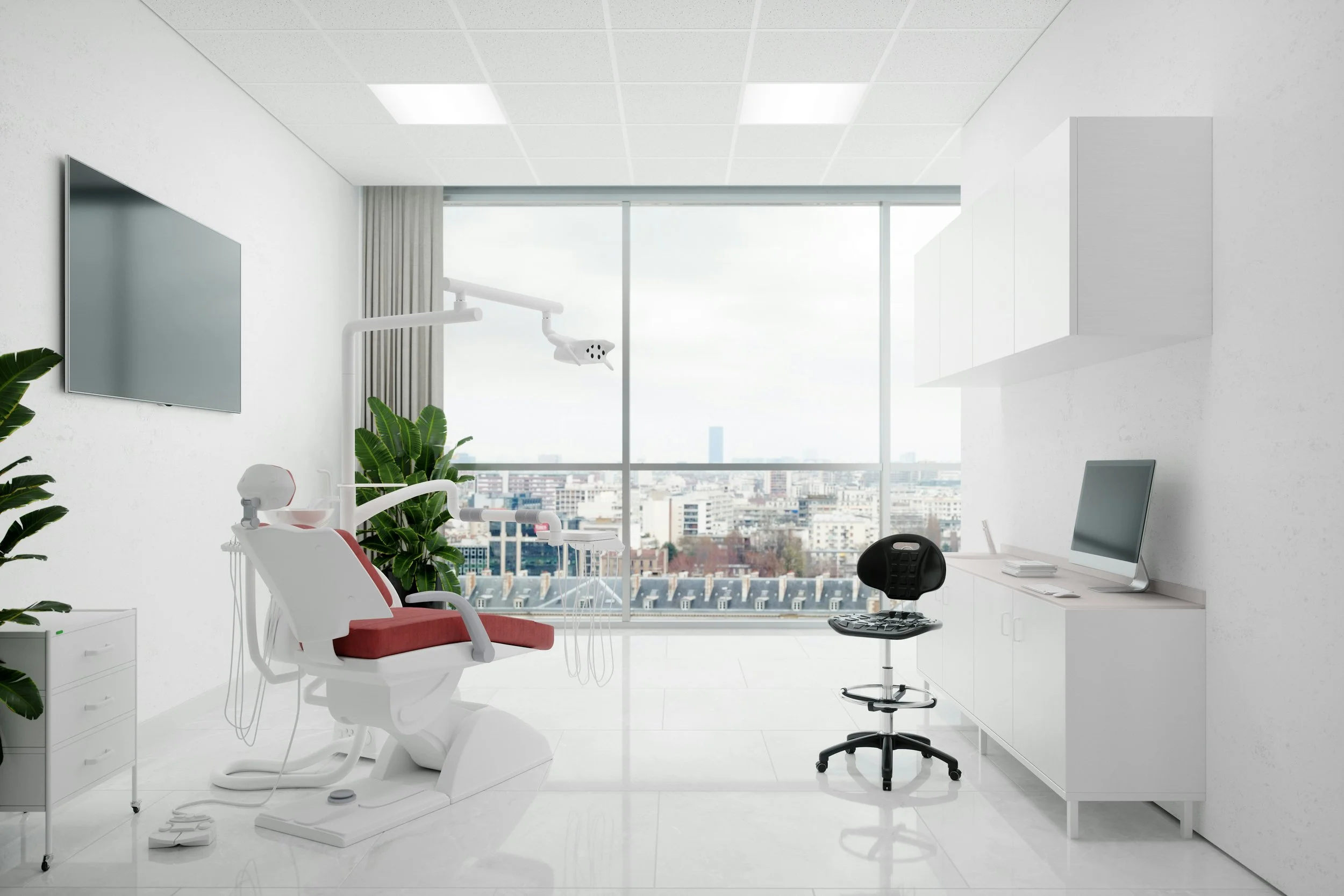 Modern dental office with dental chair, equipment, plants, and a city view through large windows.