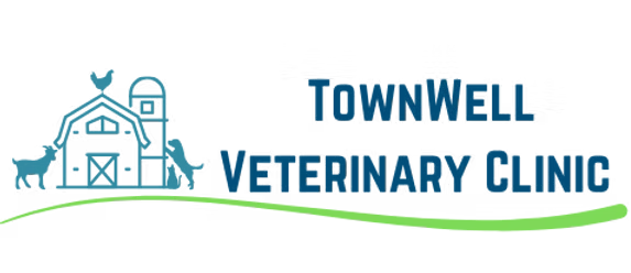 Logo for Downwell Veterinary Clinic with a blue barn, animal silhouette, and green grassy hill.