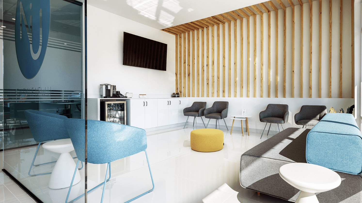 Modern dental clinic room with dental chairs, equipment, and large windows showing a city view.