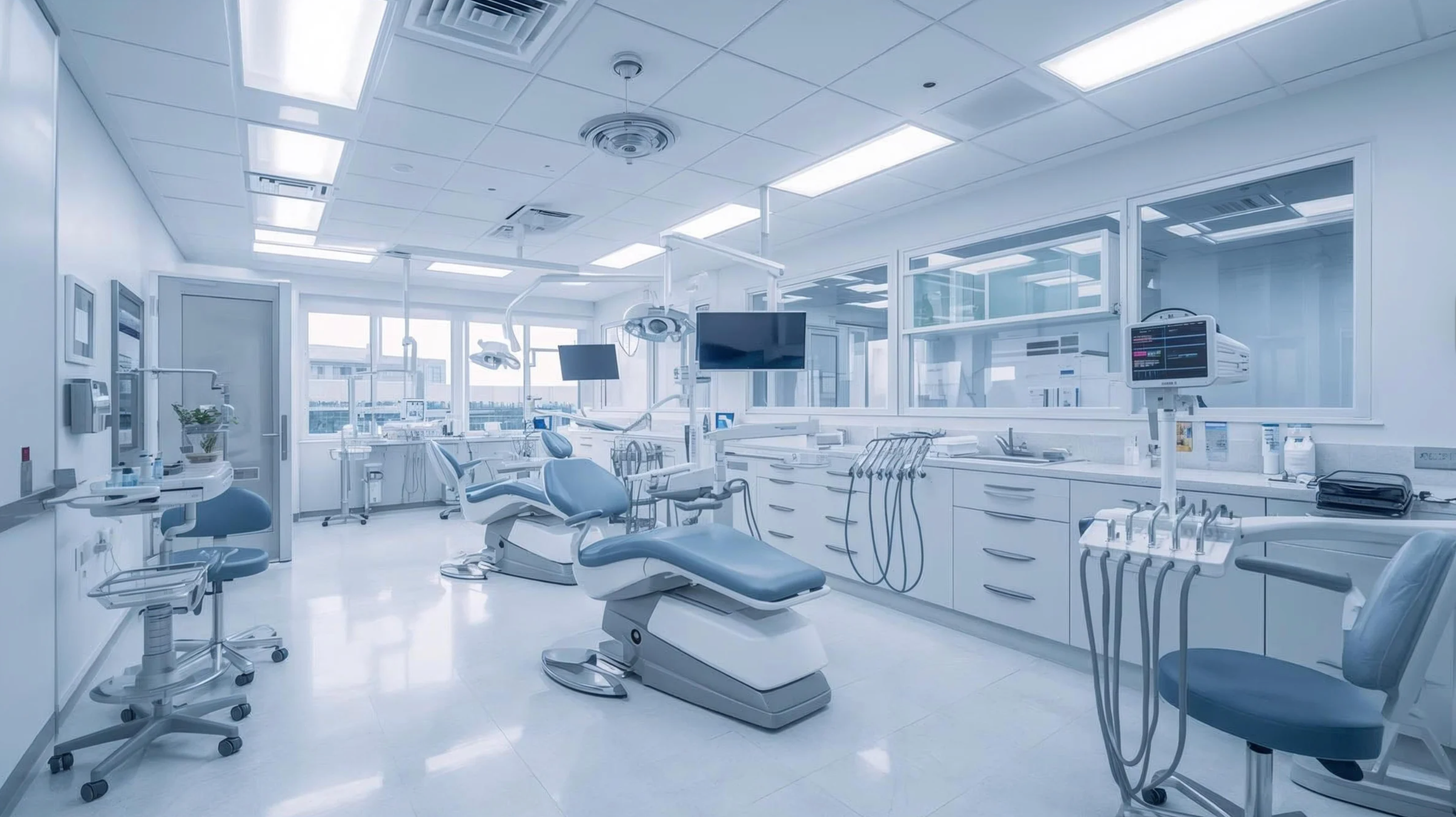 A sterile, modern dental clinic with dental chairs, monitors, and dental equipment in a bright room with large windows.