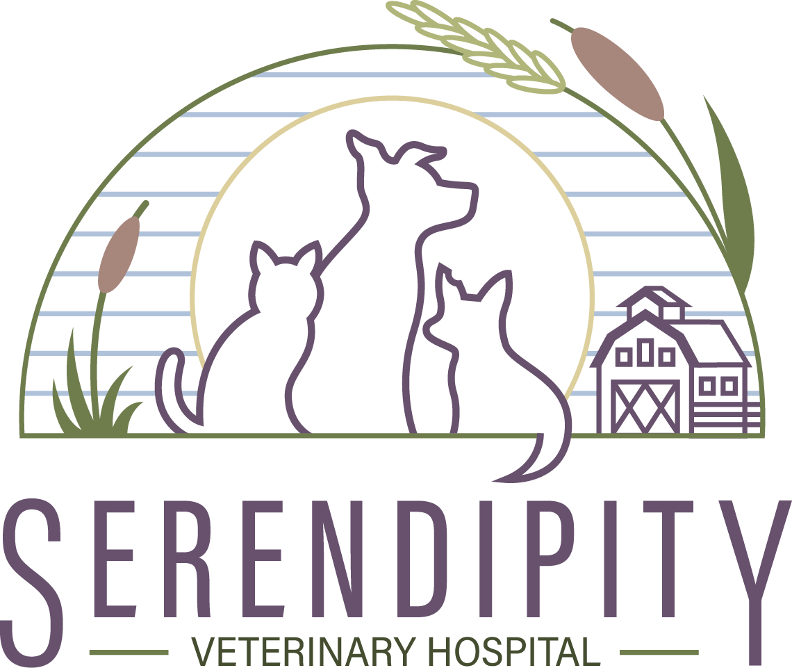 Logo for Serendipity Veterinary Hospital featuring silhouettes of a dog and two cats, with a barn and farm elements in the background, surrounded by greenery.