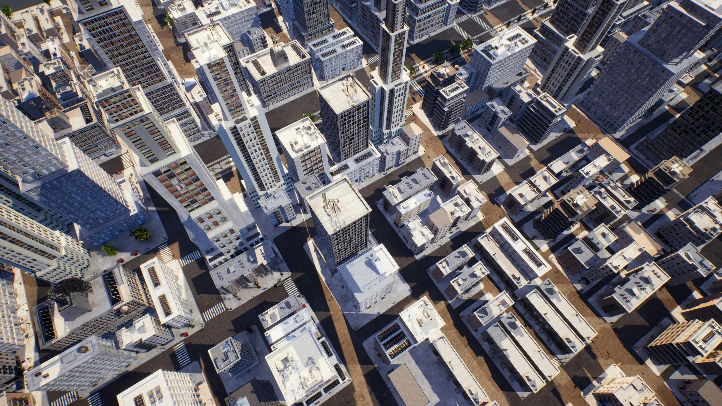 An aerial view of a city with numerous high-rise buildings and city streets.