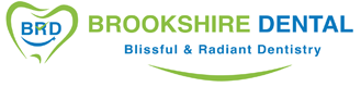 Logo for Brookshire Dental with green and blue text and a heart shape with 'BRD' inside, and the tagline 'Blissful & Radiant Dentistry'.