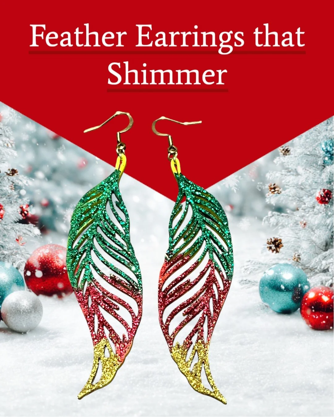 Feather Earrings Glitter Red Green Yellow