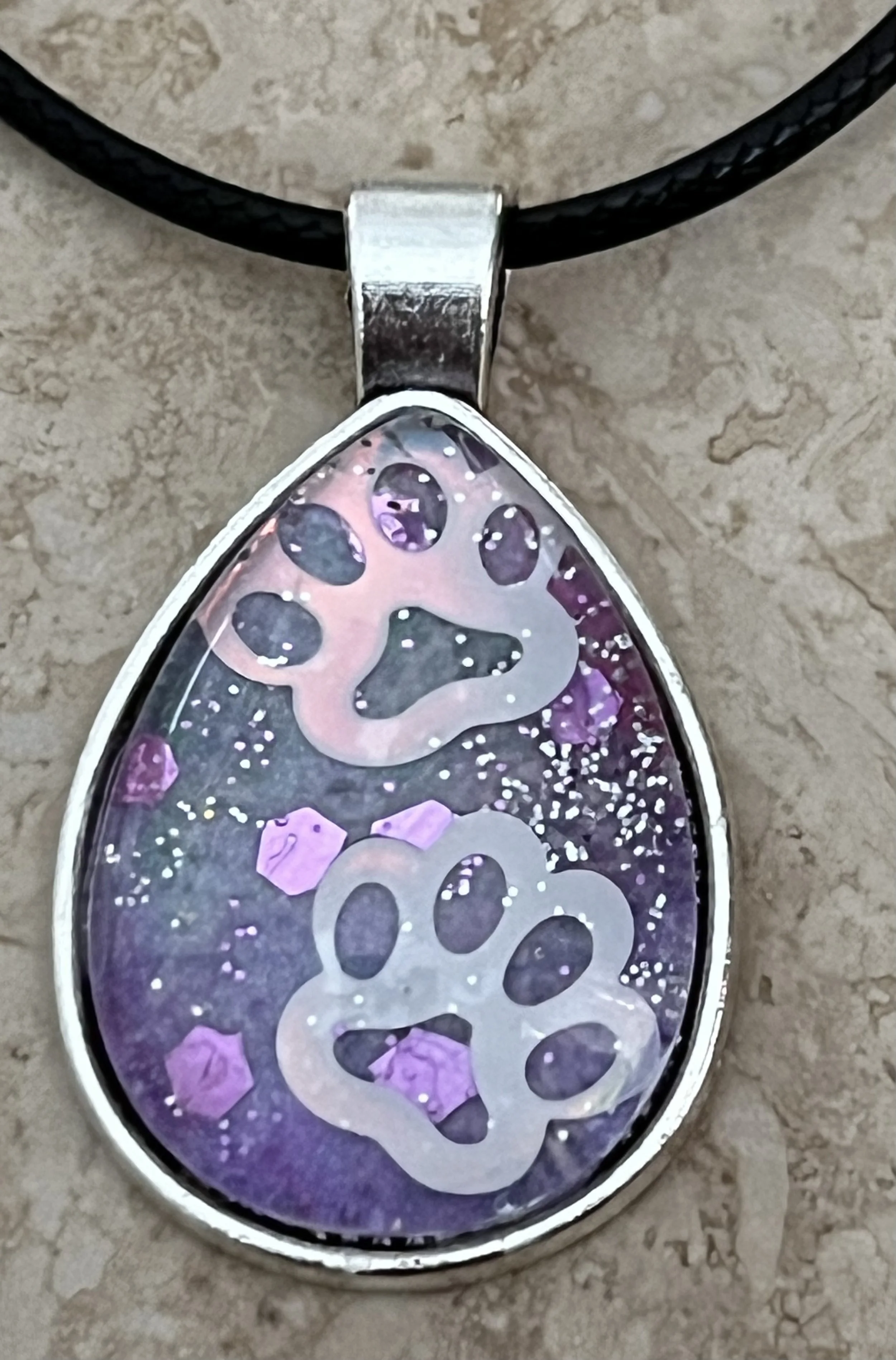 Paw print watercolor glitter pendant Necklace