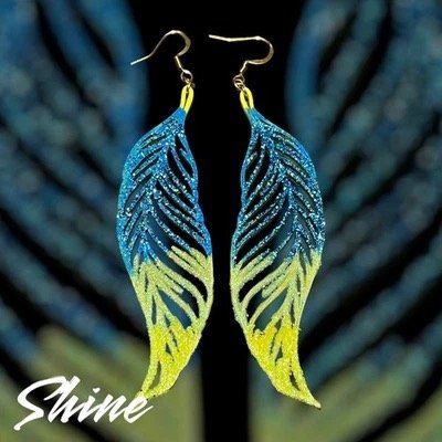 Feather Earrings glitter blue yellow