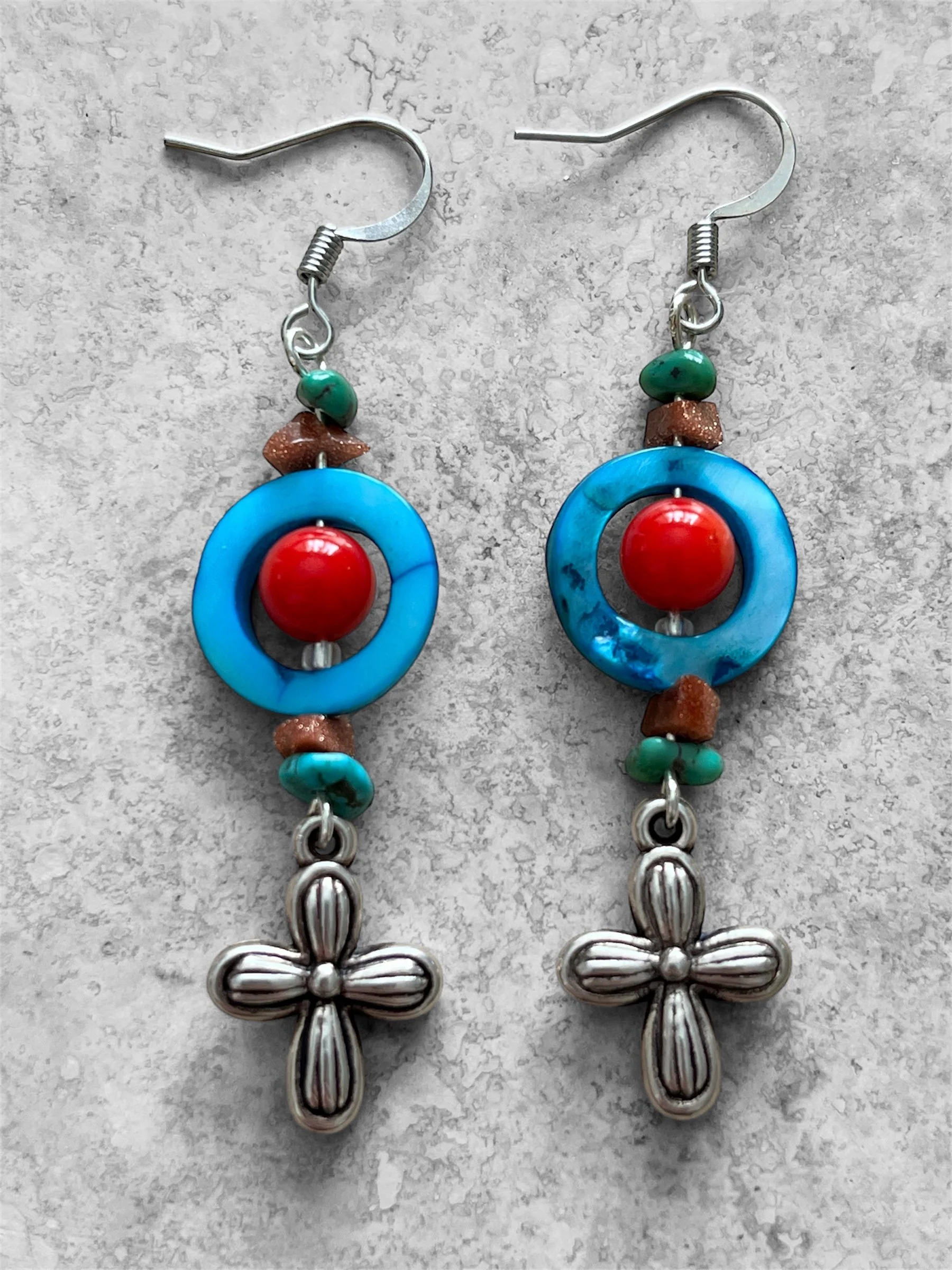 Turquoise circle red dangle earrings