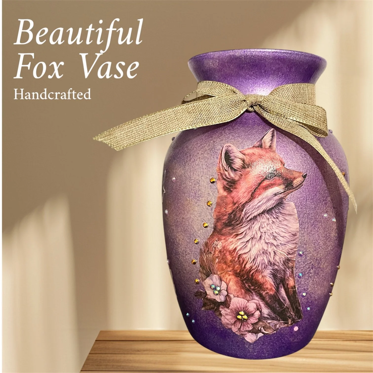 Handpainted Fox vase with diamond art accents.