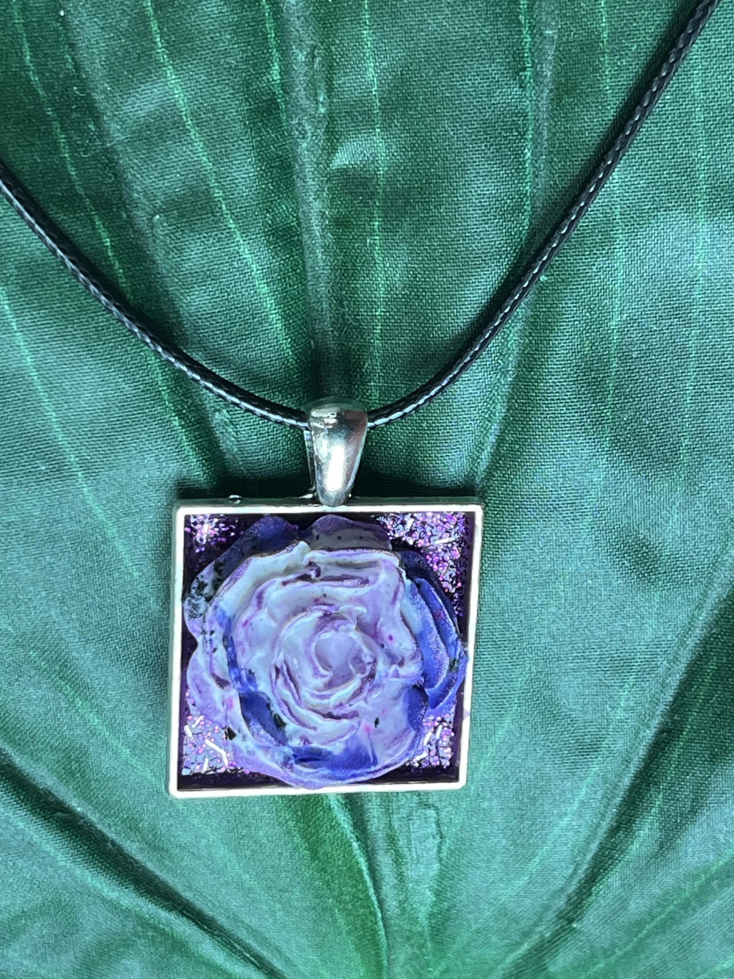 Purple White Blue Rose Clay Pendant Necklace