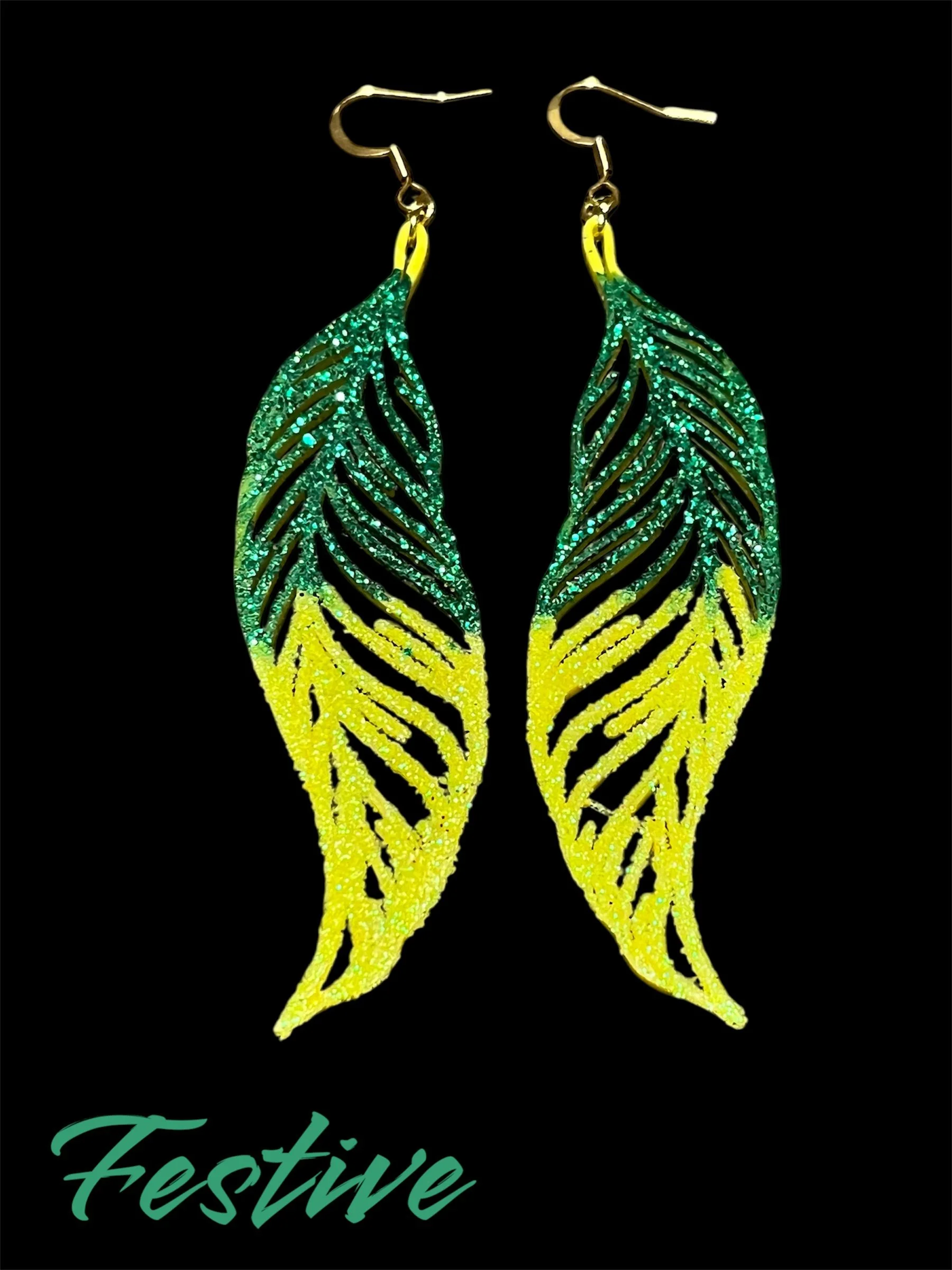 Feather Earrings Glitter Green Yellow