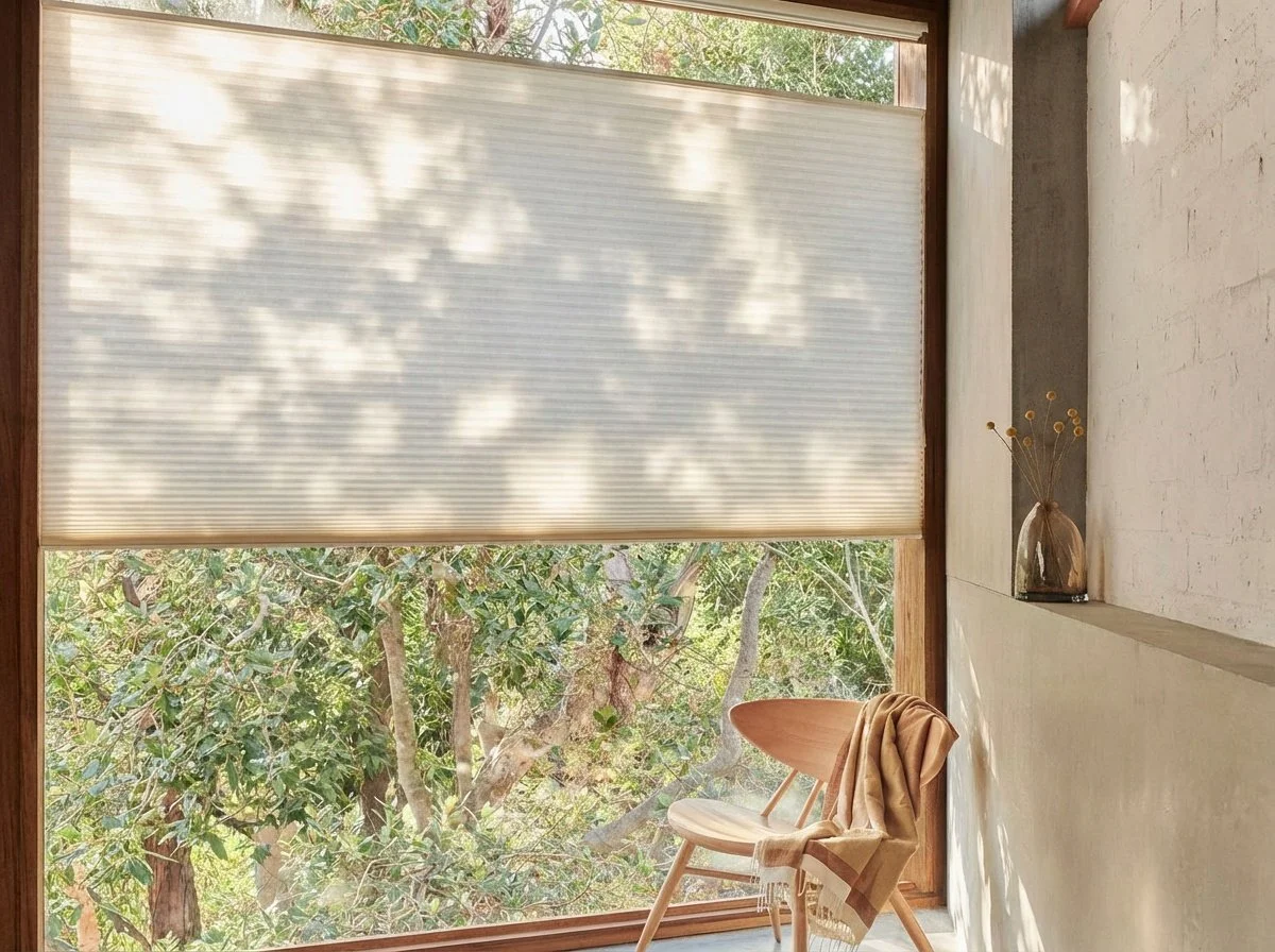 A cozy interior with a large window displaying lush green trees outside. There is a wooden chair with a beige towel draped over its backrest, next to a small white ledge with a decorative vase filled with dried flowers.