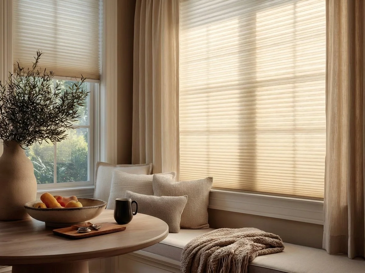 Sunlight streams through beige window blinds and curtains in a cozy corner with a round wooden table, a vase with greenery, a bowl of fruit, a black mug, and plush cushions and throw blanket on a window seat.