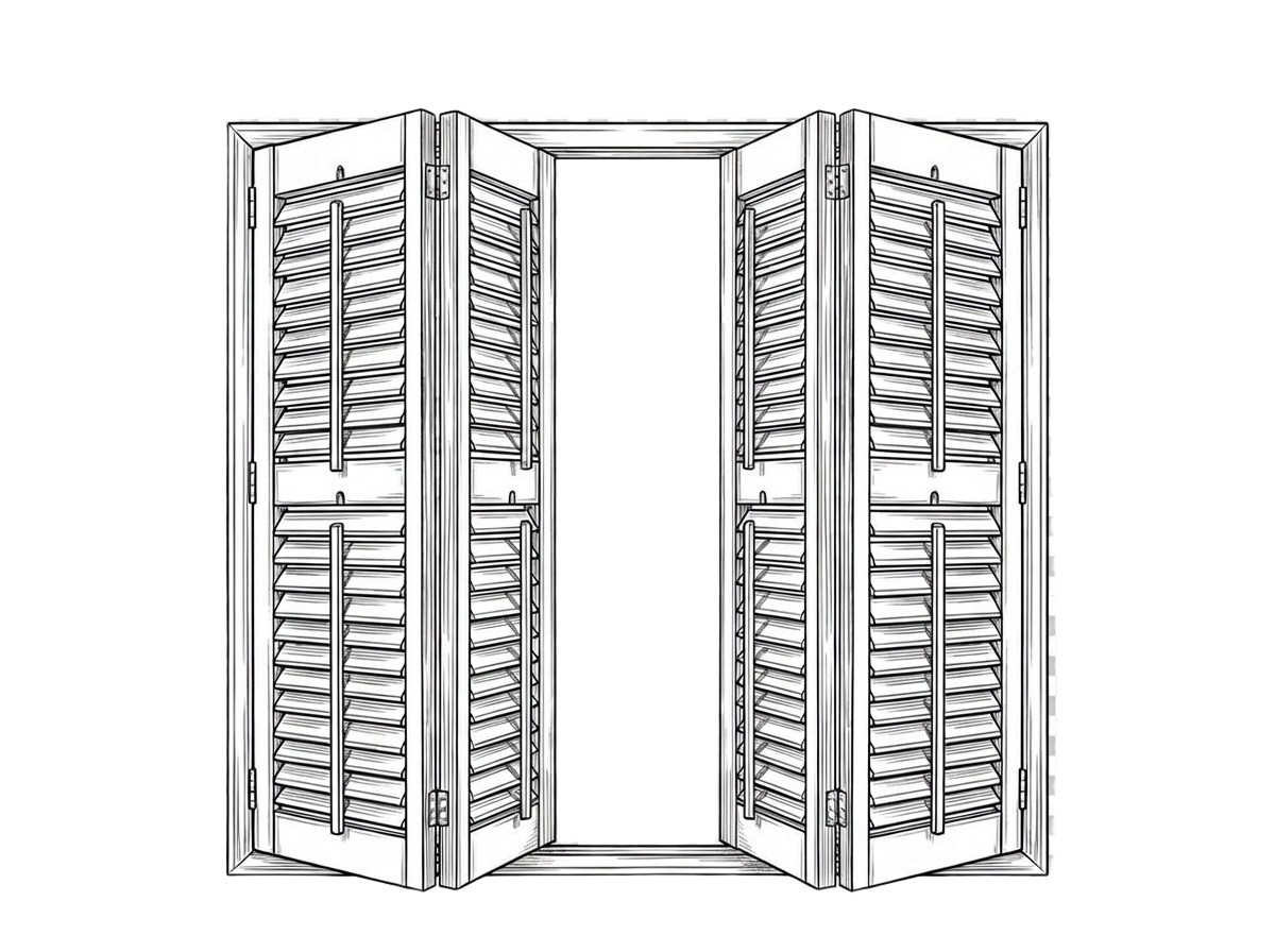 Black and white drawing of a window with open shutters.