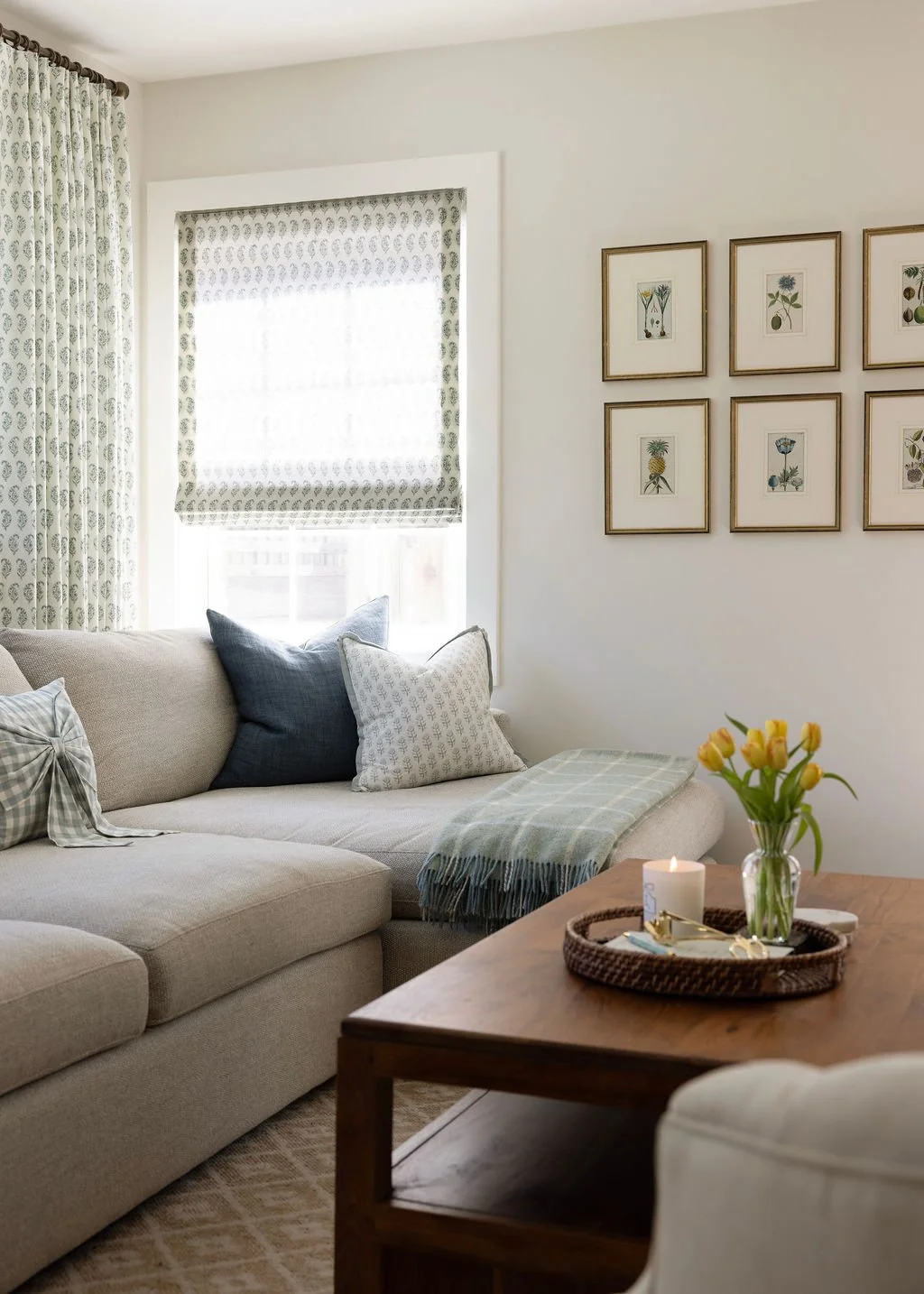 Custom Roman shades installed in a sun-filled living room in Healdsburg, Sonoma County.