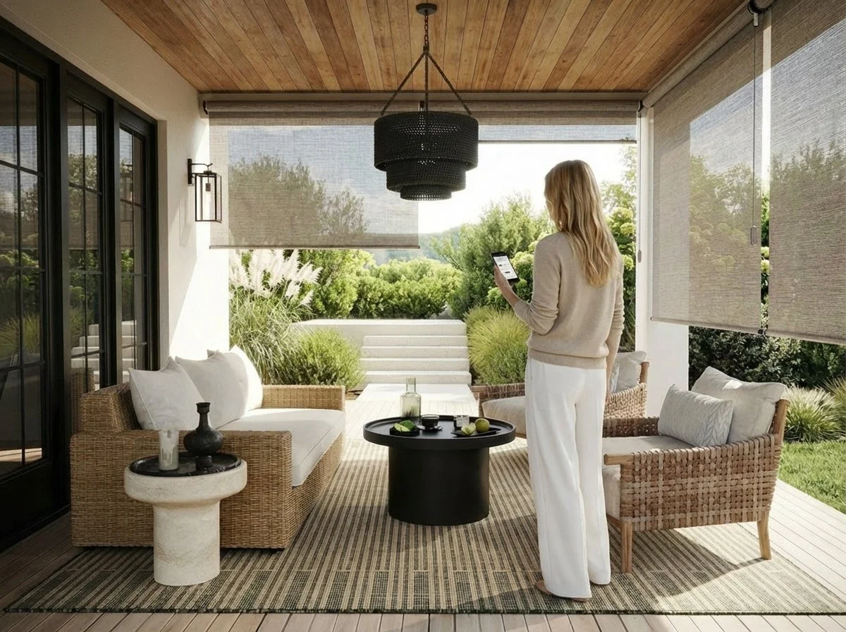 A woman standing on a covered outdoor patio, looking at her phone. The patio has wicker and wooden furniture, including a chair and sofa, with cushions. There is a black coffee table with decor on it, a circular side table with vases, and lush greenery in the background.