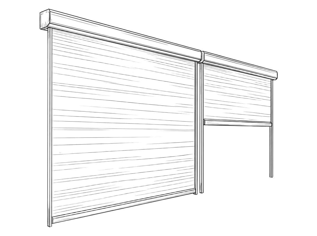 Line drawing of a metal garage door with an extension on the right side.