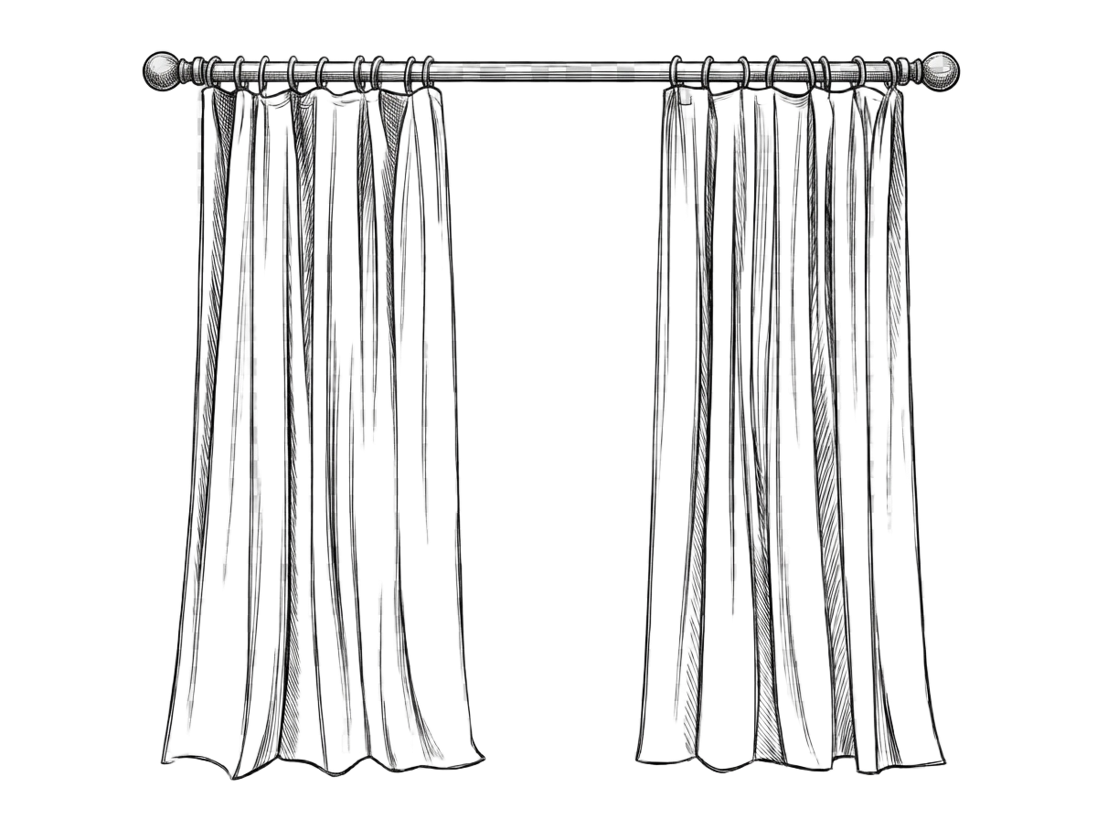 Sketch of curtains hanging from a curtain rod.