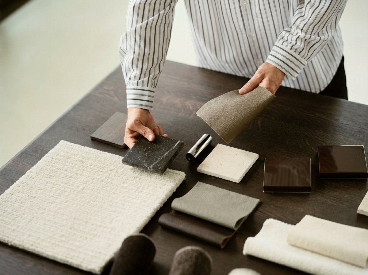 Person selecting fabric and material samples for interior design on dark wooden table.