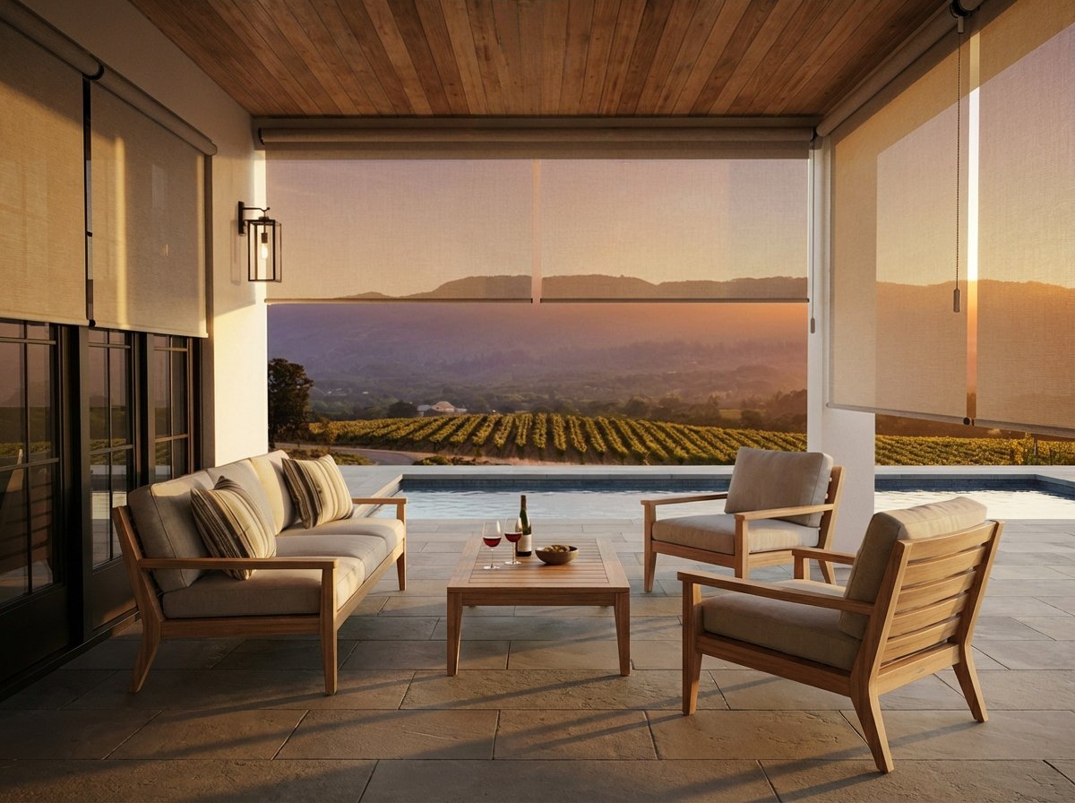 A covered patio with cushioned outdoor furniture, two glasses of red wine, a bottle of wine, and a bowl on a wooden table, overlooking a vineyard at sunset.