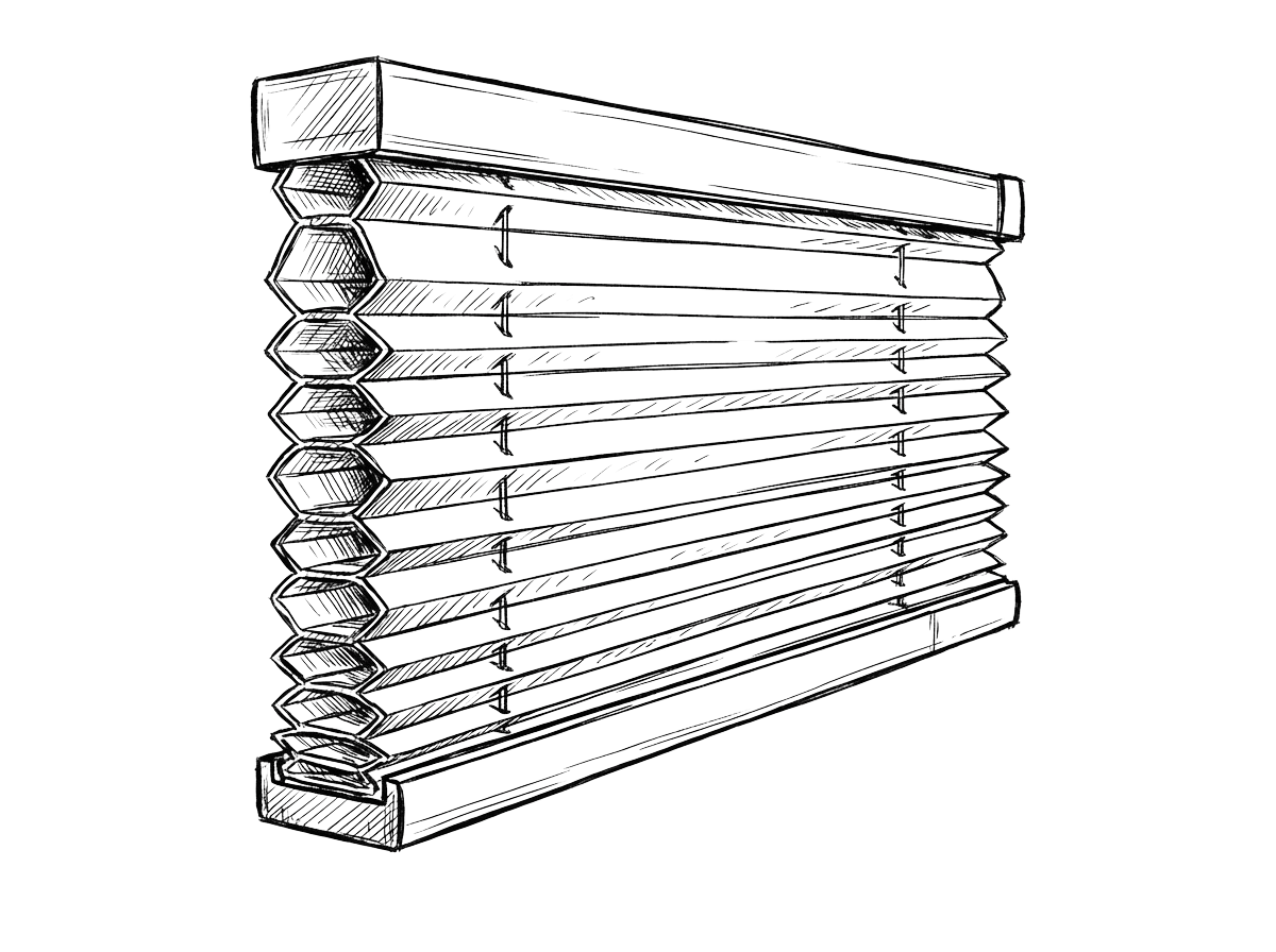 A black-and-white sketch of window blinds with horizontal slats and a pull cord.