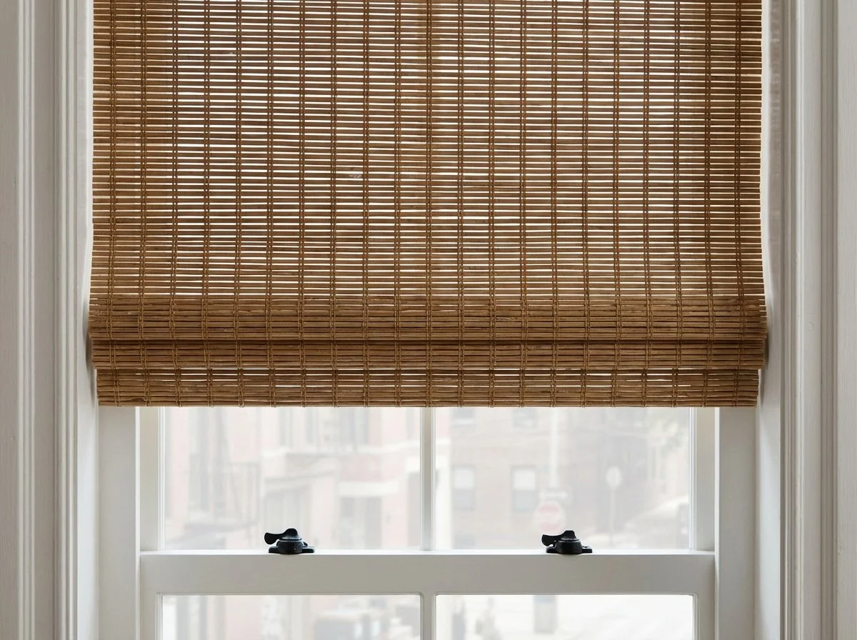 Window with a bamboo blind partially lowered, showing a blurry cityscape outside.