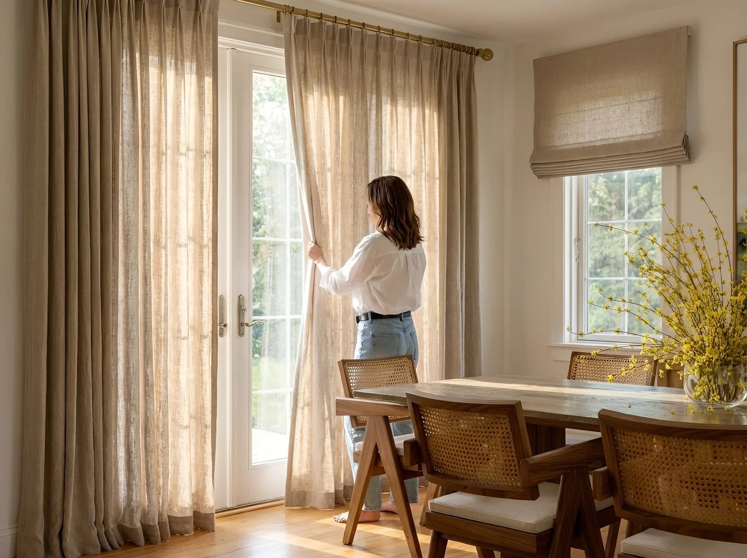 Homeowner Looking out her curtains
