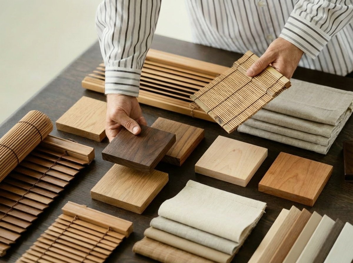 Hands of a person in a striped shirt selecting wood and fabric samples for interior design or furniture selection, with various wood swatches, fabric swatches, and bamboo mats on a dark table.