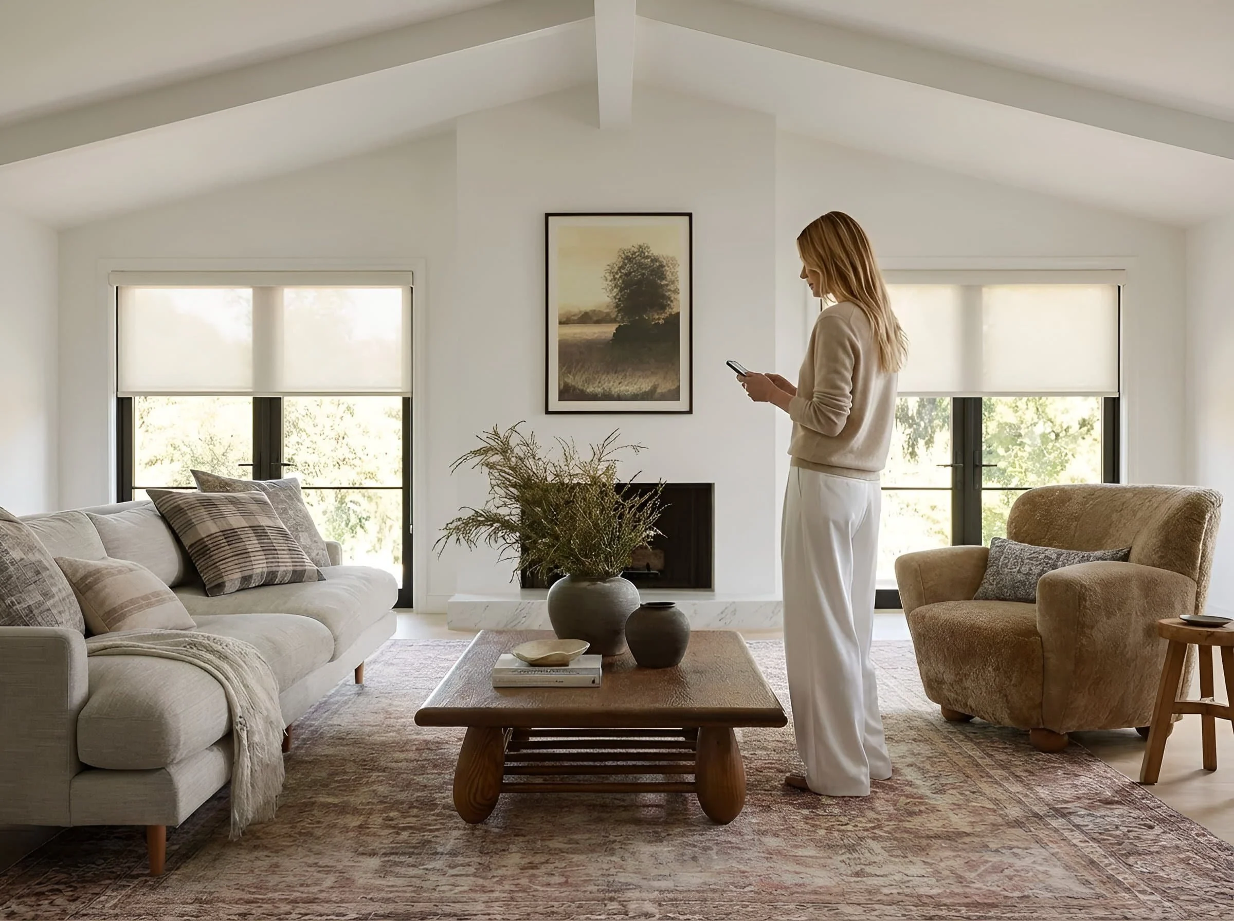 Client with Motorized window treatment installed in living room