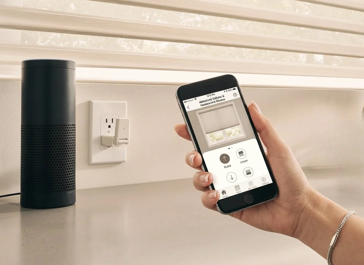 Person controls window blinds with a smartphone app, with a smart speaker and electrical outlet nearby.