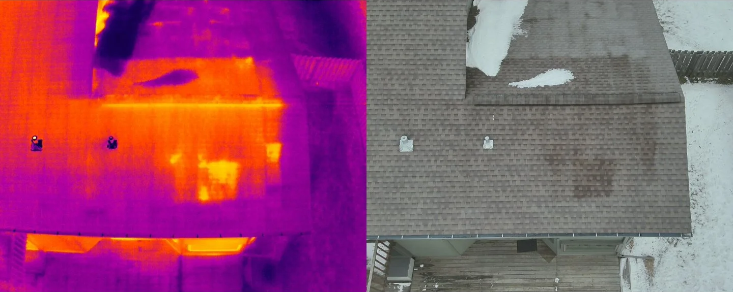 Comparison of thermal image showing a house's roof with heat signatures on the left, and the regular visible light image of the same house's roof with snow and roofing materials on the right.