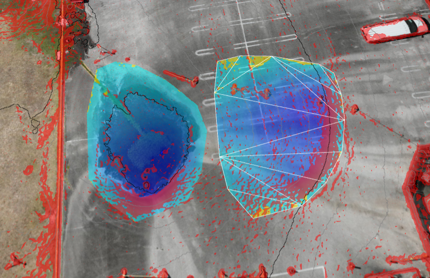 Aerial view of a parking lot with depth data, showing the total depression of the new sinkhole.