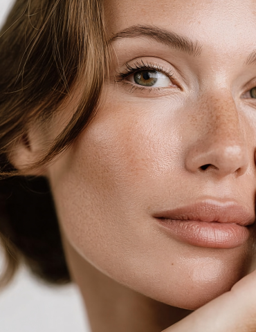 Close-up of a woman's face showing her skin, eye, and lips.