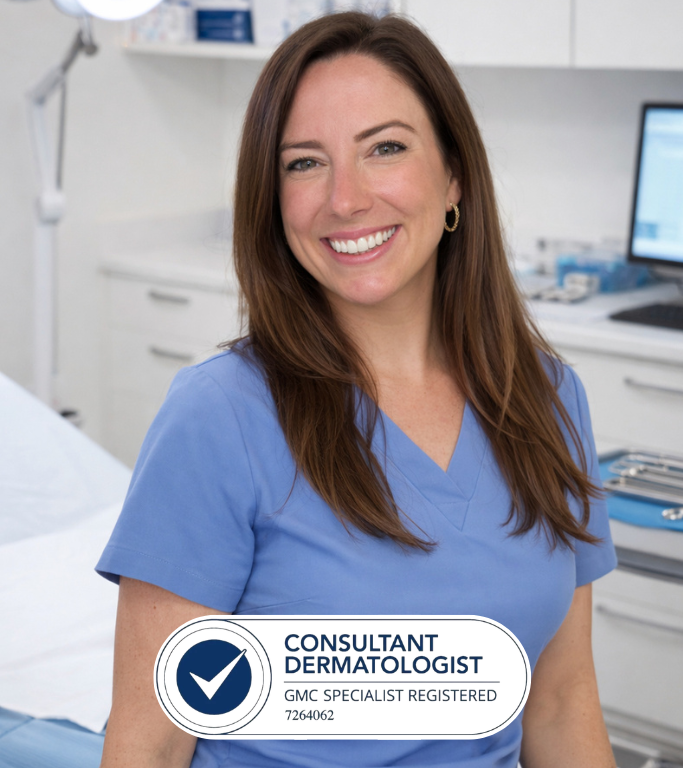 Dr Hayley Smith a white female dermatologist with dark hair and blue scrubs.