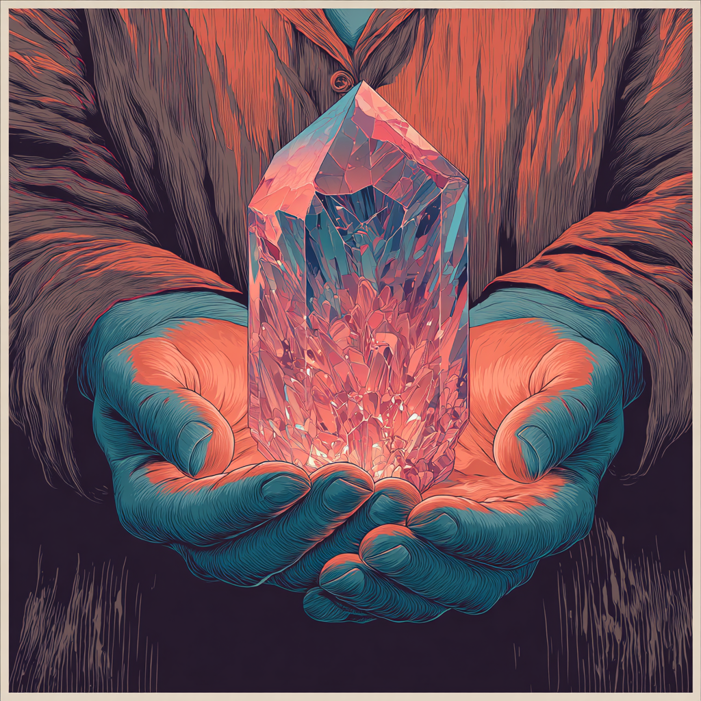Image of hands holding an illuminated crystal