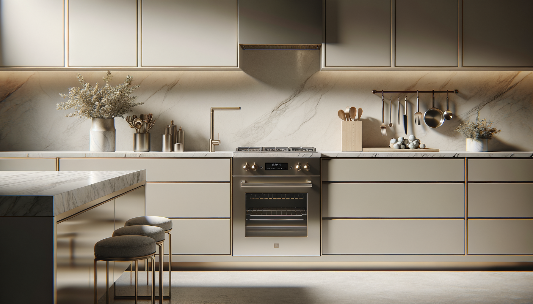 Modern kitchen with white cabinetry, marble countertop and backsplash, stainless steel oven, and hanging pots and utensils.