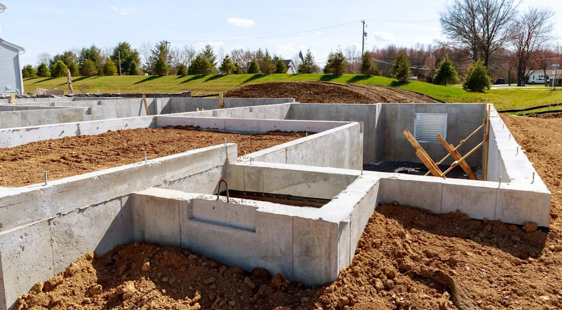 Construction site showing the concrete foundation of a building with interior walls, surrounded by dirt and grass, under a partly cloudy sky.