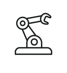 Line drawing of a robotic arm with a base, jointed segments, and a gripping claw at the end.
