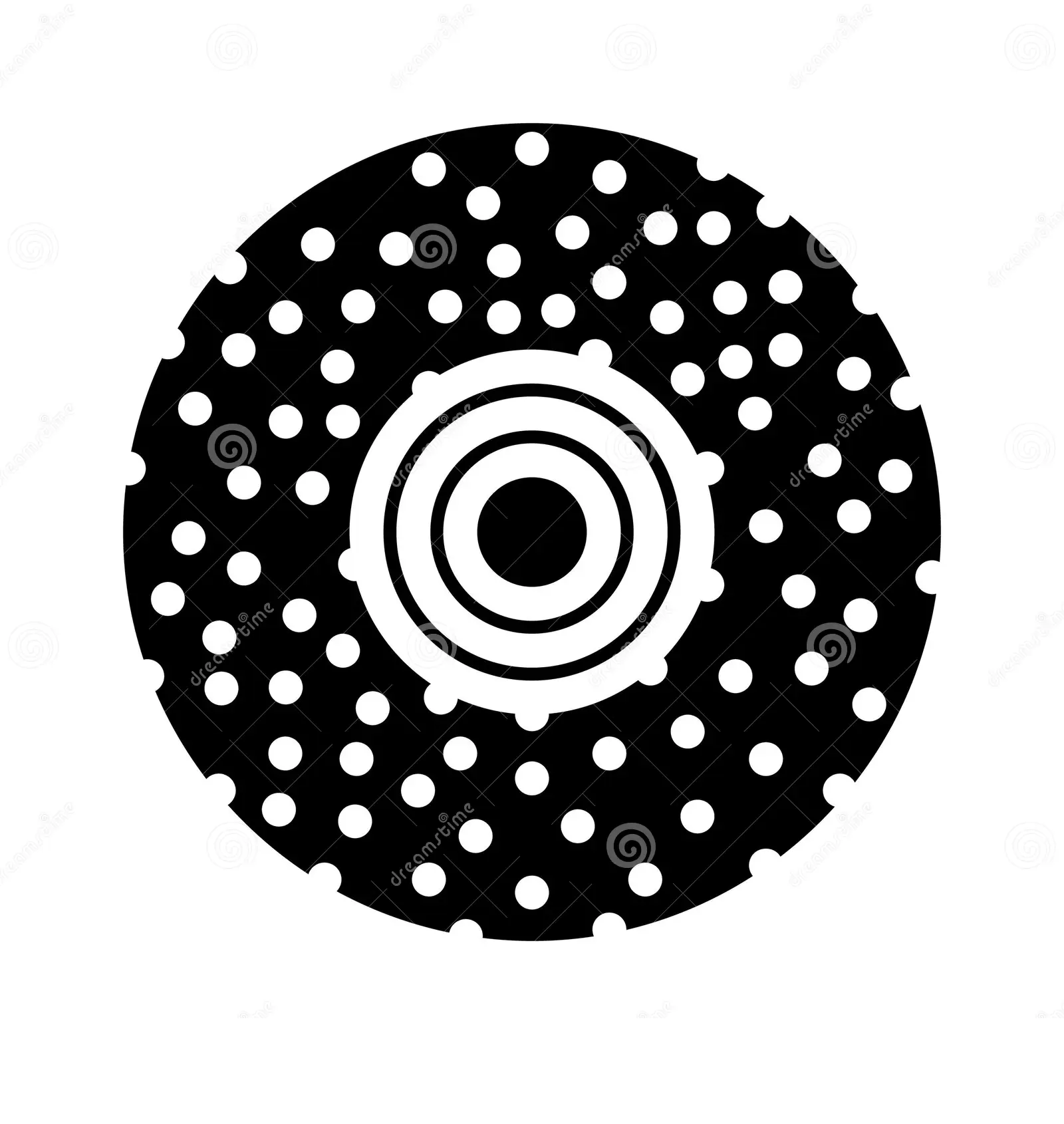 Black and white illustration of a camera lens with dots and concentric circles.