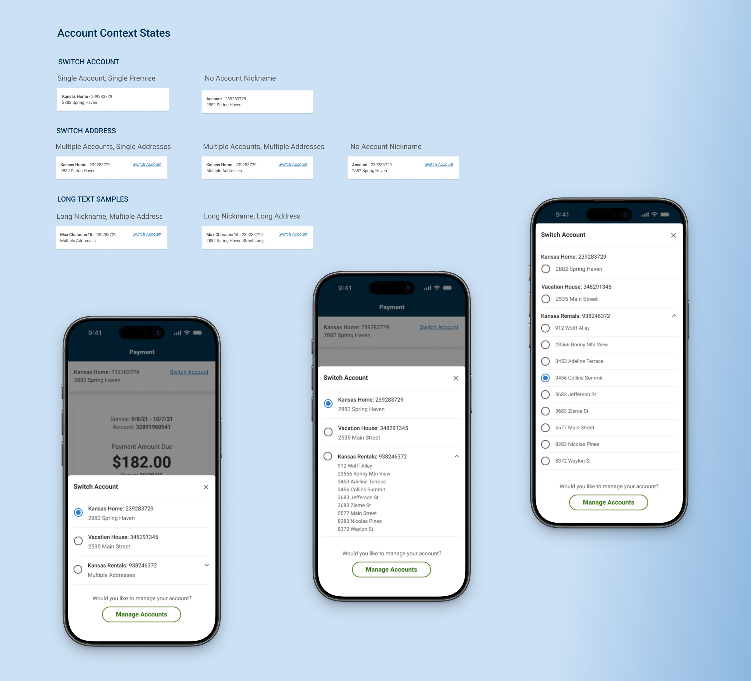 Image showing mobile app interface for managing bank accounts, with a focus on switching between accounts. The interface displays different accounts like Kansas Home, Vacation House, and Kansas Rentals, with options to select and manage them. The background includes a guide explaining account context states, such as switch account options and sample account details.